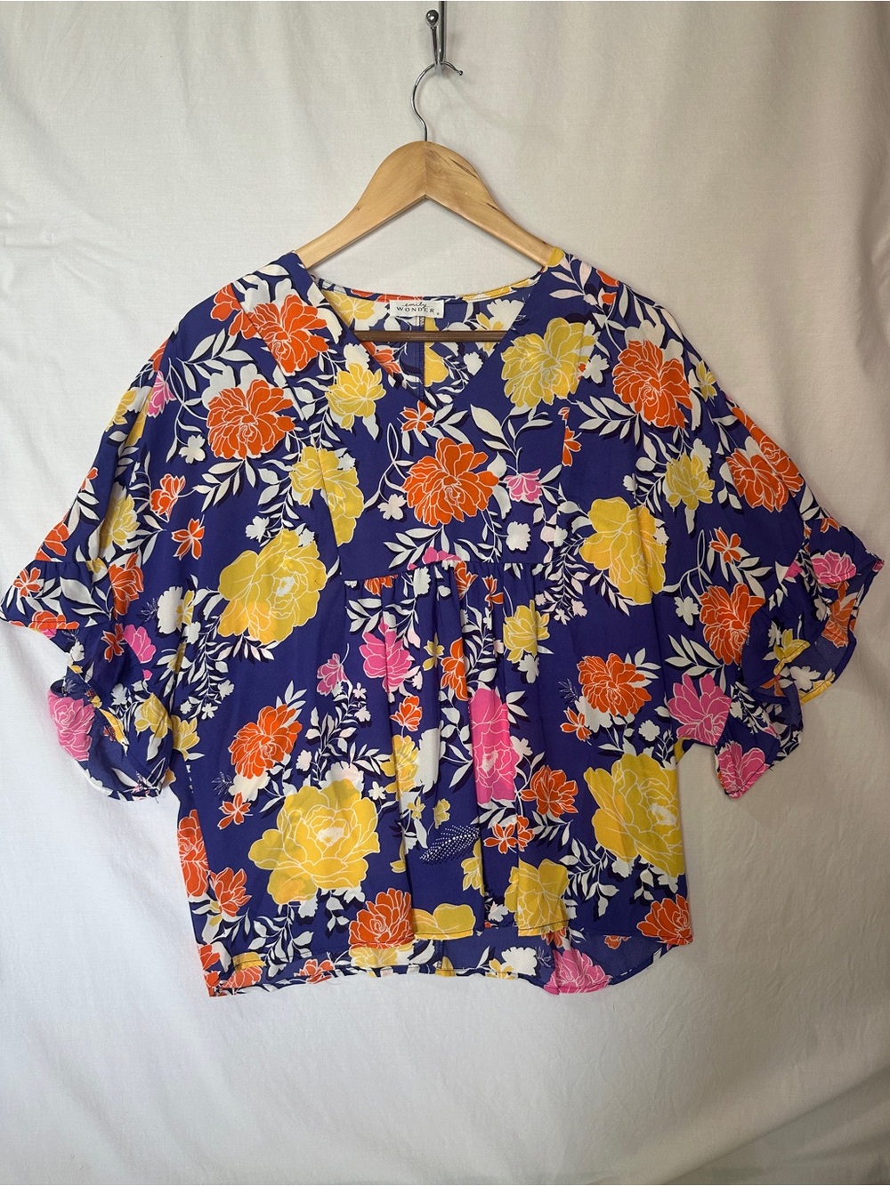 Emily Wonder Relaxed Floral V-Neck Blouse in Purple with Yellow & Pink Flowers